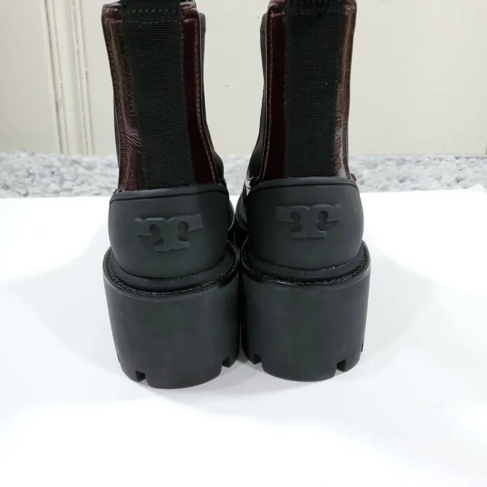 Tory Burch Ankle Boots Chelsea Lug Sole Plum Purple Pull On Leather Size 5.5